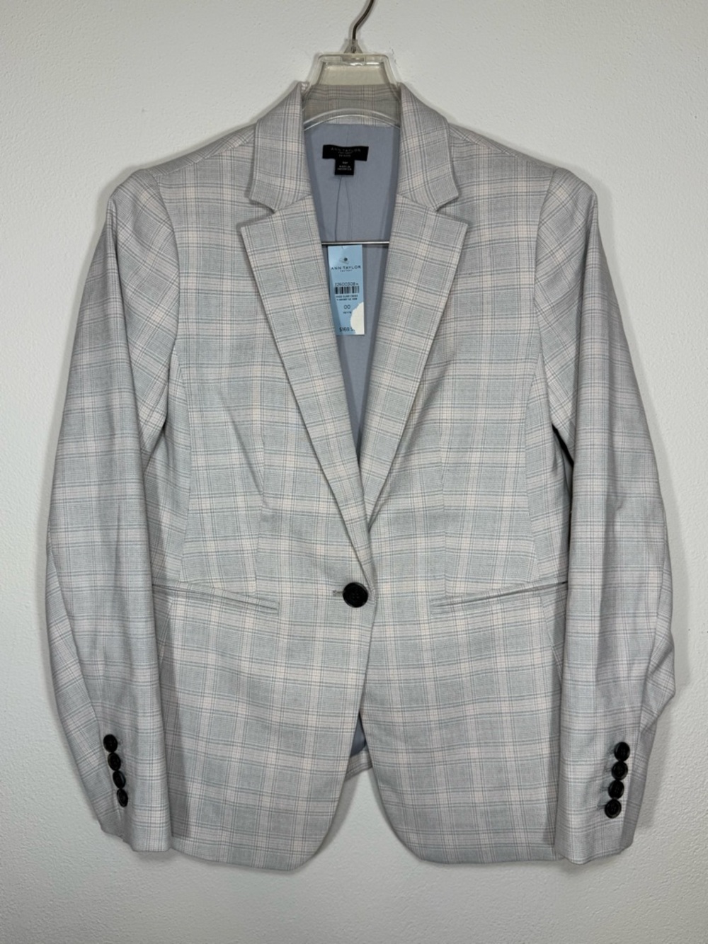 NWT Ann Taylor Factory Petite Light Grey Light Pink Plaid Blazer Size 00P